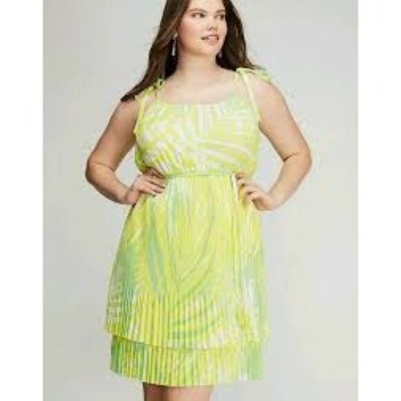 Lane Bryant 26/28 Yellow & Green Pleated Asymmetrical Hem Dress With Tie Straps - Picture 1 of 7